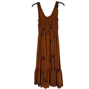 Patrons Of Peace Star Constellations Midi Dress Brown Smocked Tiered Moon Sz S